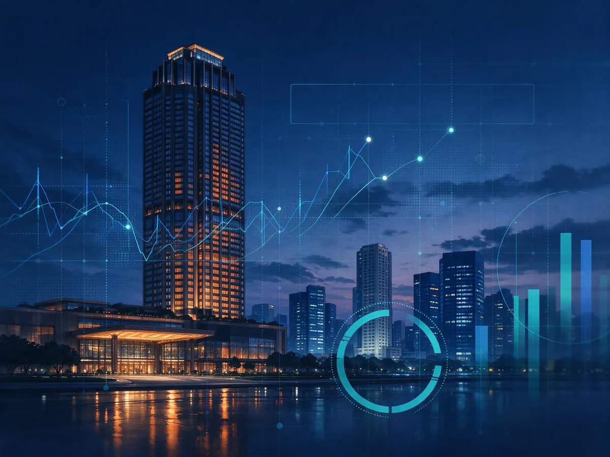 Integrated resort tower at dusk with financial chart overlay illustrating casino operator debt analysis