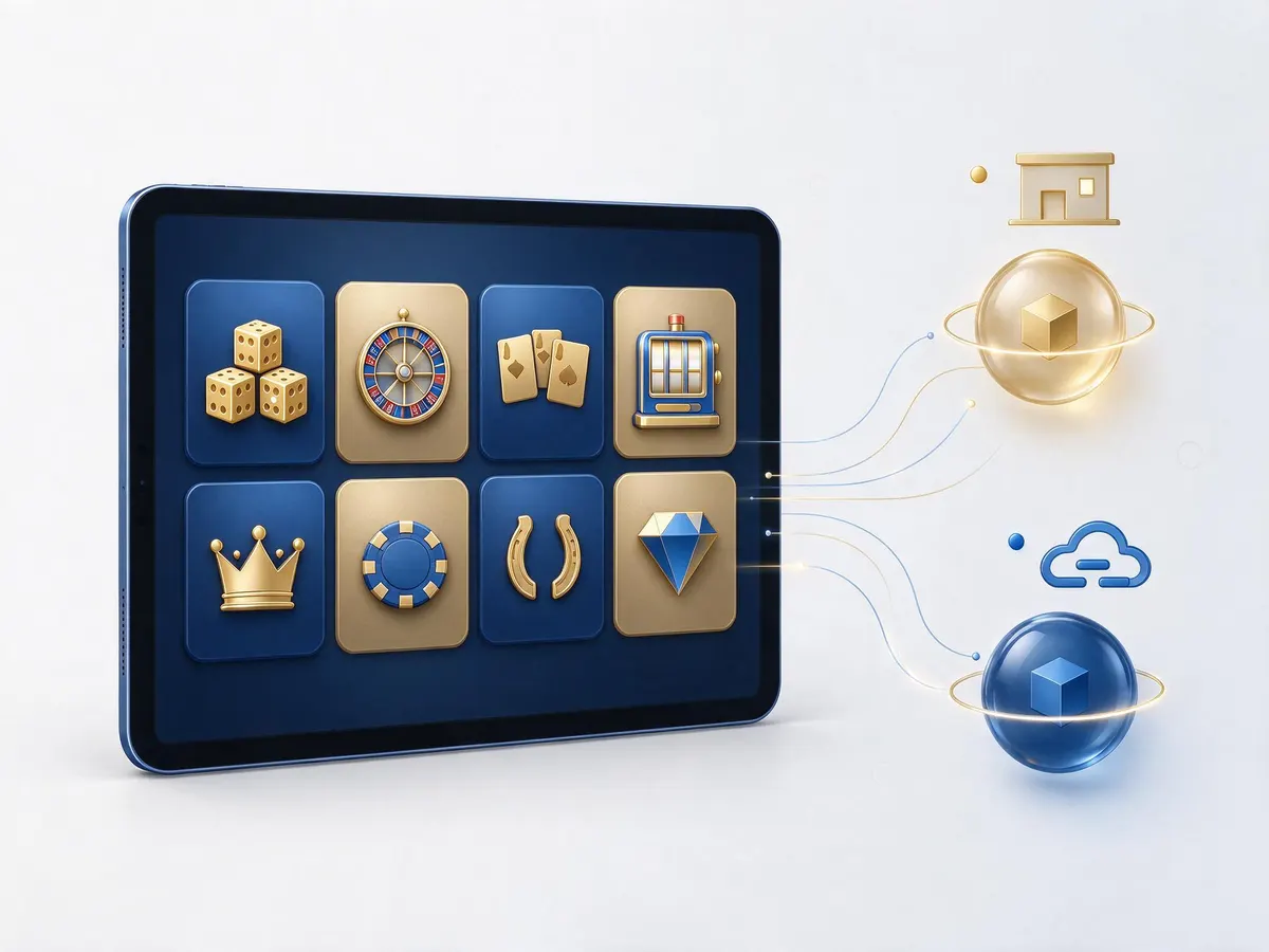 Illustration of casino game tiles connected by lines to studio and platform servers, representing a content distribution deal