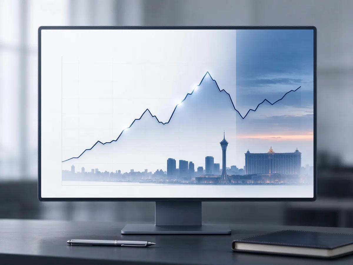 Daily gaming revenue chart overlaid on the Macau casino skyline, illustrating Macau GGR trends