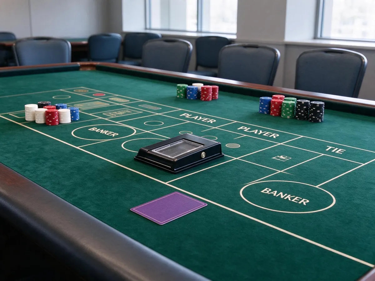 Baccarat table seen from the dealer's position in a casino dealer training room