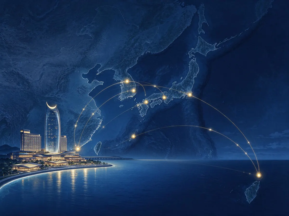 Map-style illustration showing visitor flows between Osaka and South Korea's casino hubs