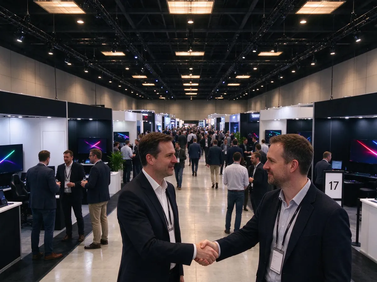 Delegates meeting between exhibition stands at a large B2B iGaming trade show hall