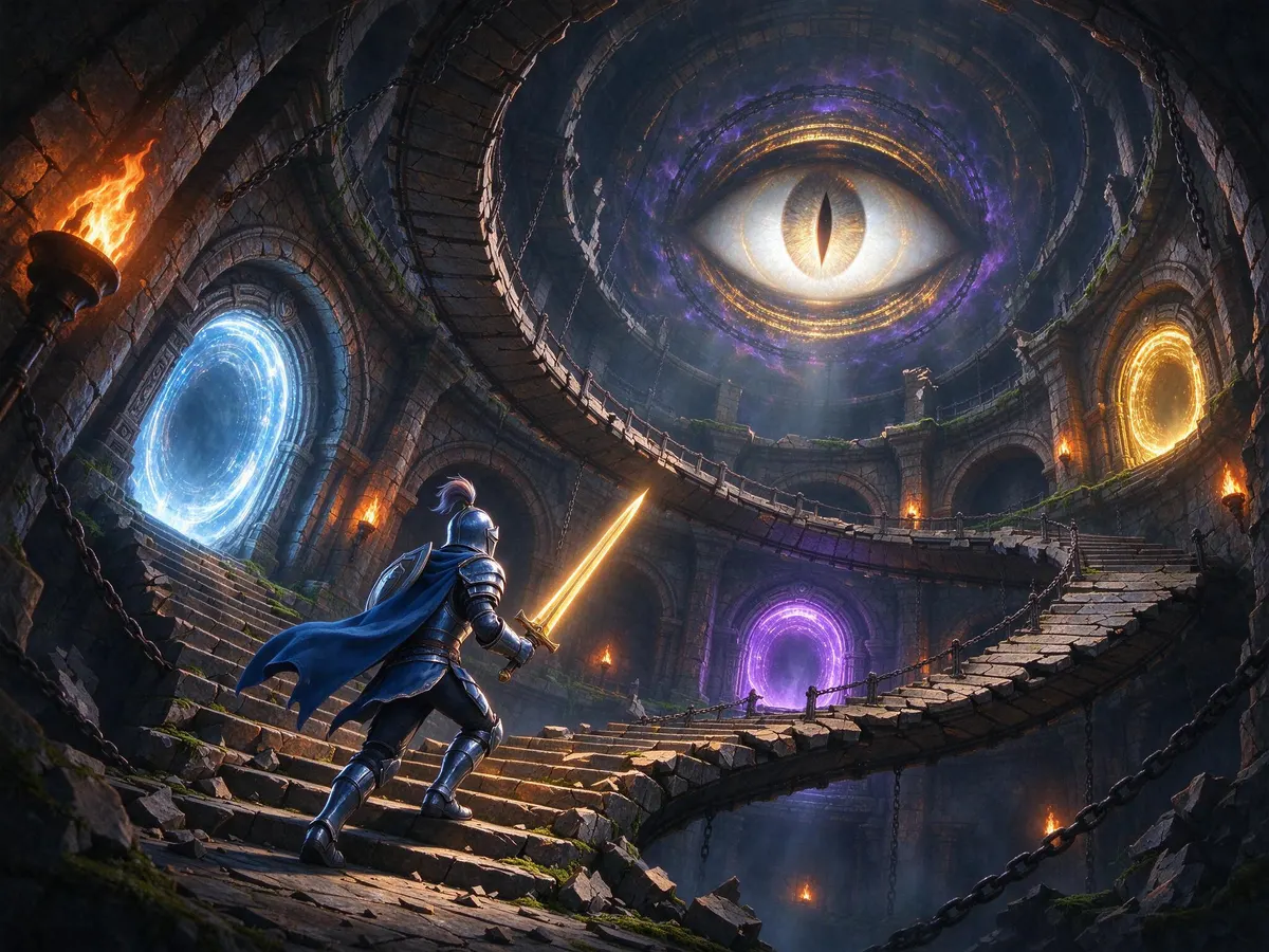 Illustration of a knight climbing a monster-filled treasure tower, representing Tower Run Treasure Steps